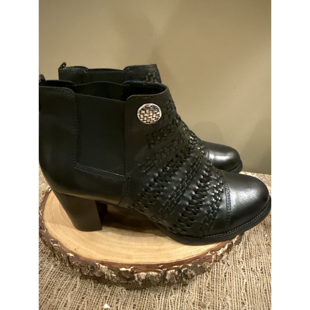 Brighton Galore Black Asmara Calf Boots Woven Leather Silver Button 10M New 295$